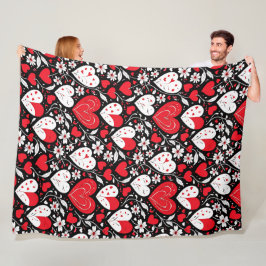 Rood, zwart en wit harten en bloemen romantisch fleece deken