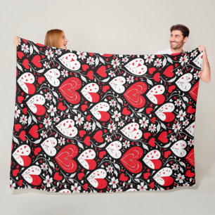 Rood, zwart en wit harten en bloemen romantisch fleece deken
