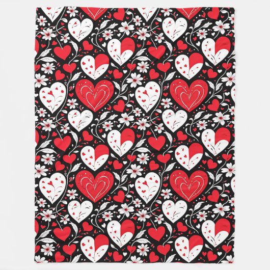 Rood, zwart en wit harten en bloemen romantisch fleece deken (Voorkant)