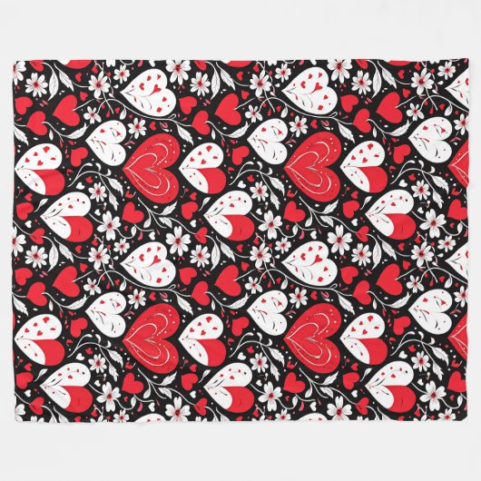 Rood, zwart en wit harten en bloemen romantisch fleece deken (Voorkant (Horizontaal))