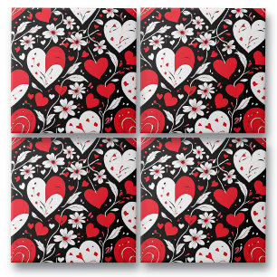 Rood, zwart en wit harten en bloemen romantisch tegeltje