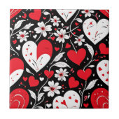 Rood, zwart en wit harten en bloemen romantisch tegeltje (Voorkant)