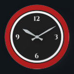 Rood zwart en wit, klein, groot slot grote klok<br><div class="desc">De moderne klok heeft een minimalistisch ontwerp in een rood, zwart-wit kleurenpalet. Een eenvoudig gewoon ontwerp met witte cijfers op een zwarte achtergrond met een rode rand. Een stijlvolle moderne toevoeging aan je keuken, woonkamer of kantoor muur, een doordacht modern kantoor cadeau of een modern thuiscadeau voor elke gelegenheid. U...</div>