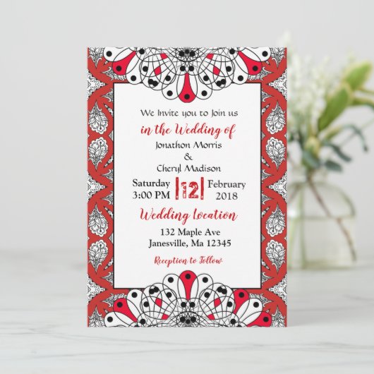Rood, zwart en wit Mandala Wedding Invitations Kaart (Staand voorkant)