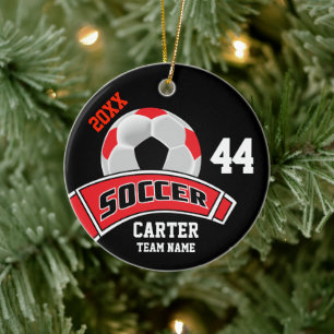 Rood, Zwart en Wit Personaliseer Voetbal ⚽ Keramisch Ornament