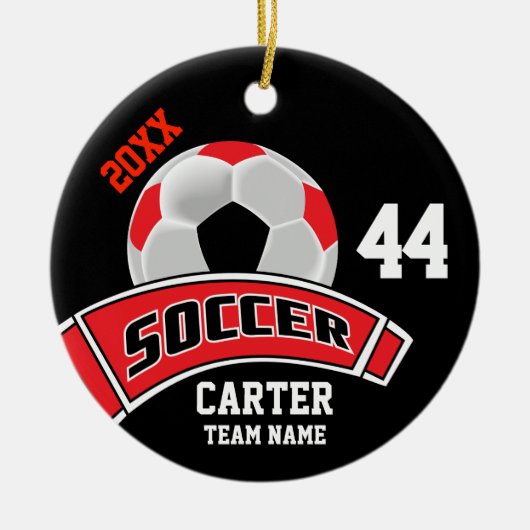 Rood, Zwart en Wit Personaliseer Voetbal ⚽ Keramisch Ornament (Voorkant)