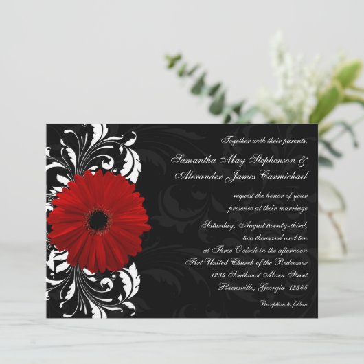 Rood, Zwart en Wit Scroll Gerbera Daisy Bruiloft Kaart (Staand voorkant)