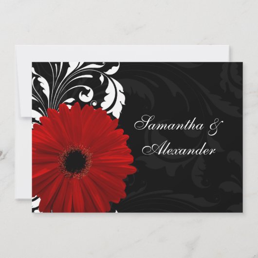 Rood, Zwart en Wit Scroll Gerbera Daisy Bruiloft Kaart (Achterkant)