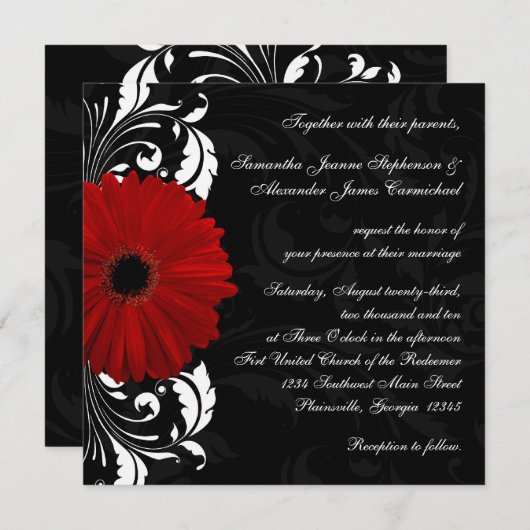 Rood, zwart en wit Scroll Gerbera Daisy Square Kaart (Voorkant / Achterkant)