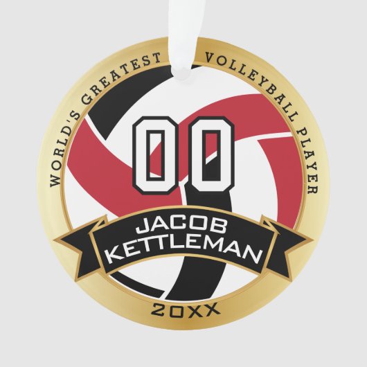 Rood, Zwart en Wit Volleybal | Doe-het-zelf-tekst Ornament (voorkant)