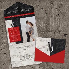 Rood Zwart en Witte Monogram Trouwfeest All In One Uitnodiging