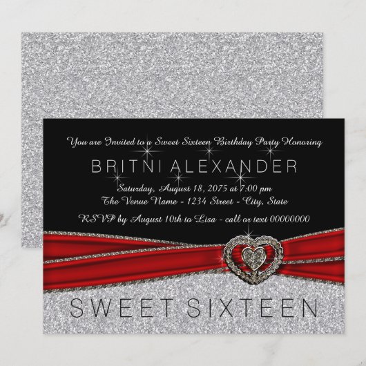 Rood Zwart en Zilver Zoet 16 Kaart (Voorkant / Achterkant)