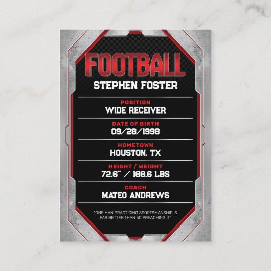 Rood & Zwart Football Trading Kaart Football Spele Contactkaartje (Achterkant)