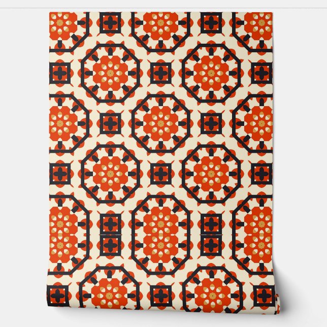 Rood Zwart Geometrische Zeshoeken met Bloemen Acce Behang (Afrollen)