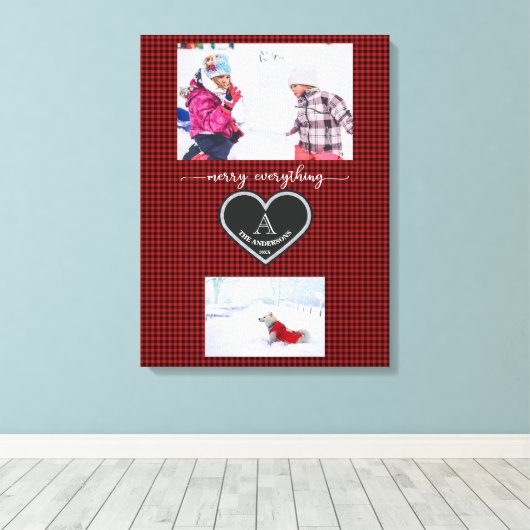 Rood Zwart Geplaagd Kerstcitaat Monogram Foto Canvas Afdruk (Insitu (Houten vloer))