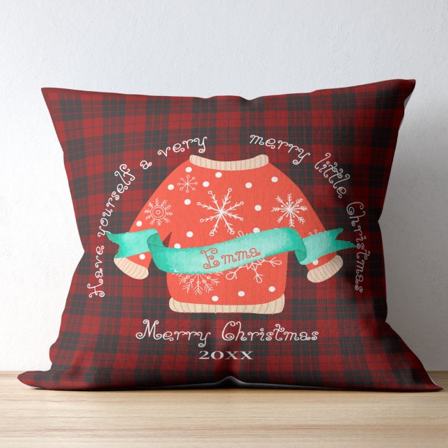 Rood Zwart Geplaid Lelijk Sweater Leuk Vrolijk Ker Kussen (Red Black Plaid Ugly Sweater Cute Merry Christmas Throw Pillow)