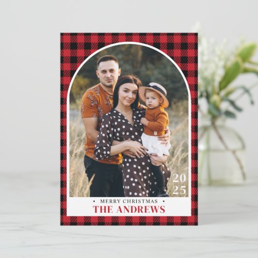 Rood & Zwart Geplakt Familiefoto Kerstmis Feestdagenkaart (Staand voorkant)