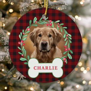 Rood & Zwart Geplakt Hond Foto Kerst Krans Keramisch Ornament