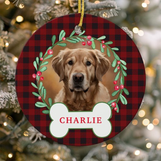 Rood & Zwart Geplakt Hond Foto Kerst Krans Keramisch Ornament
