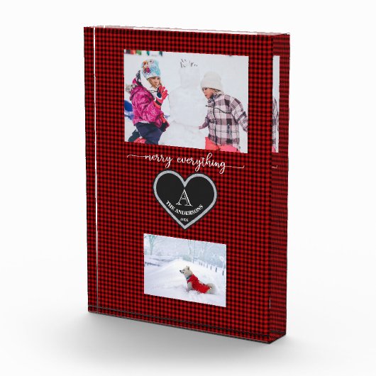 Rood zwart geruit kerstcitaat monogram foto (Rechts)