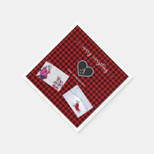 Rood zwart geruit kerstcitaat monogram foto servet (Hoek)