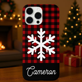 Rood & zwart geruit met sneeuwvlok Aangepaste naam iPhone 16 Pro Max Hoesje