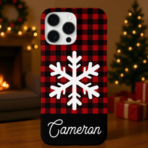 Rood & zwart geruit met sneeuwvlok Aangepaste naam iPhone 16 Pro Max Hoesje