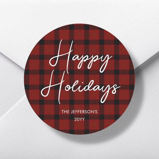 Rood & Zwart Geruit Prettig Kerstfeest | Ronde Sticker