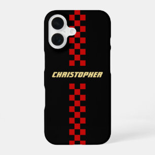 Rood Zwart Geruit Race Vlag Goud Monogram iPhone 16 Hoesje