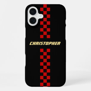 Rood Zwart Geruit Race Vlag Goud Monogram iPhone 16 Plus Hoesje