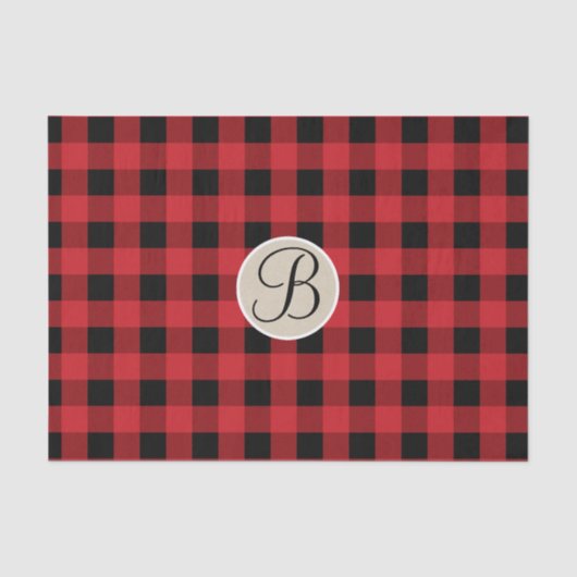 Rood Zwart Geruit Rutige Monogram Beginletter Tissuepapier (Voorkant)