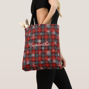 Rood zwart geruit Sneeuwvlokken Persoonlijk Tote Bag