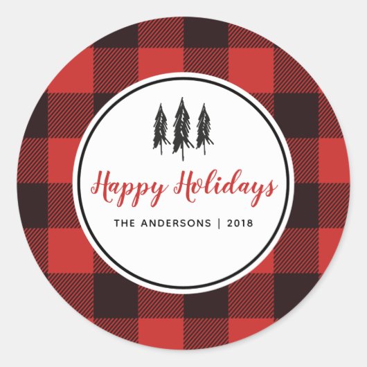 Rood & Zwart Gingham Flanel Kerstboom Ronde Sticker (Voorkant)