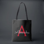 Rood Zwart Girly Script Monogram Naam Modern Tote Bag<br><div class="desc">Zwart en rood Elegant Voeg je eigen naam toe Monogram Book Bag. Deze boekentas kan worden aangepast om uw initiaal en voornaam op te nemen en als cadeau te geven voor kerst,  lieve 16-verjaardag,  Vrijgezellenfeest of een bruiloft.</div>