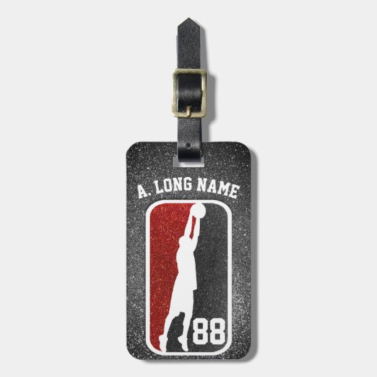 Rood & Zwart Glitter Hoops Basketbalspeler Bagagelabel (Voorkant verticaal)