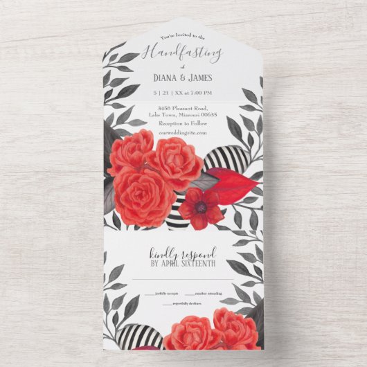 Rood & Zwart Gotische Bloemen Handvasten All In One Uitnodiging (Binnen)