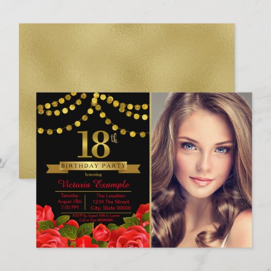 Rood Zwart Goud 18e Verjaardagsfeest Kaart (Voorkant / Achterkant)