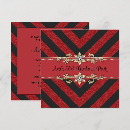Rood Zwart Goud 50ste Verjaardag Uitnodiging 50ste (Voorkant / Achterkant)