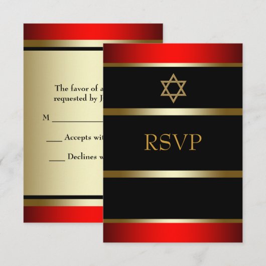 Rood Zwart Goud Bar Mitzvah RSVP Kaartje (Voorkant / Achterkant)