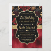 Rood Zwart & Goud Bloemen Marmer 21e Verjaardag Kaart (Voorkant)