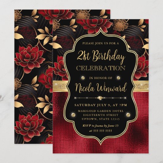 Rood Zwart & Goud Bloemen Marmer 21e Verjaardag Kaart (Voorkant / Achterkant)