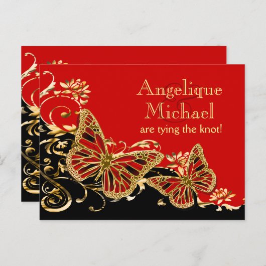 Rood zwart goud bruiloft "save the date" aankondigingskaart (Voorkant / Achterkant)