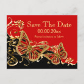 Rood zwart goud bruiloft "save the date" aankondigingskaart (Achterkant)