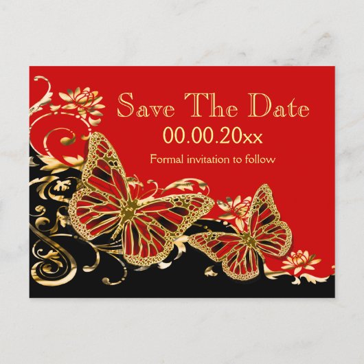 Rood zwart goud bruiloft "save the date" aankondigingskaart (Achterkant)