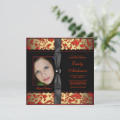 Rood Zwart Goud Damask Foto Sweet 16 Party Kaart (Staand voorkant)