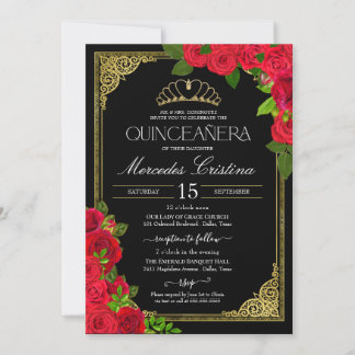 Rood Zwart & Goud Elegante Rozen Quinceanera Kaart