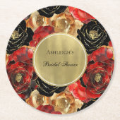 Rood Zwart Goud Glam Bloemachtige Bruidsdouche Ronde Kartonnen Onderzetter (Voorkant)