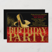 Rood Zwart Goud Glitter High Heel Verjaardagsfeest Kaart (Voorkant / Achterkant)