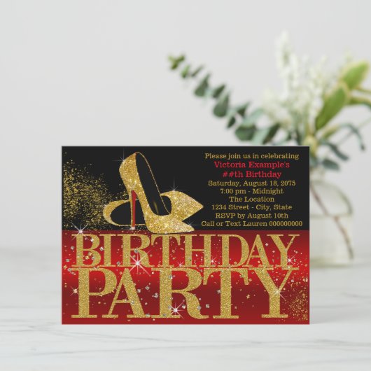 Rood Zwart Goud Glitter High Heel Verjaardagsfeest Kaart (Staand voorkant)