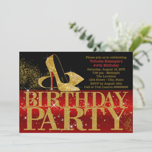 Rood Zwart Goud Glitter High Heel Verjaardagsfeest Kaart (Staand voorkant)